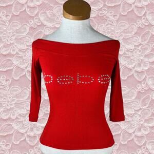 Y2K Bebe Latina Off The Shoulder Top Rhinestone Logo Size Medium Red 3/4 Sleeve
